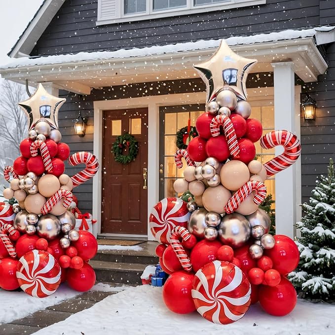 Christmas Balloon Arch Kit - Christmas Tree Garland Xmas Red Silver Beige and Candy Foil Silver Star Balloons for Christmas Party Decorations Birthday Party New Year Party