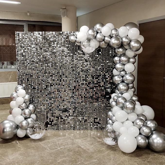 Awenztech 120pcs Metallic Silver Balloon Arch Kit, 18 12 10 5 inch Chrome Silver Latex Balloons Different Sizes Balloon Garland for Wedding Baby Shower Disco Birthday Party Decorations