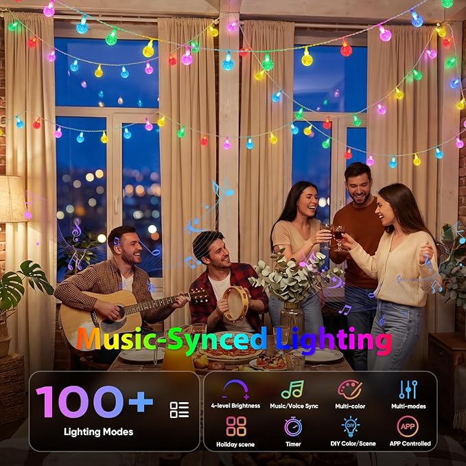 OMIKA 50FT 100LED Outdoor String Lights Plug in, APP & Remote Control Smart Crystal Globe Lights, Dimmable RGB & Warm White Patio Lights with Timer, Music Sync for Christmas Garden Party