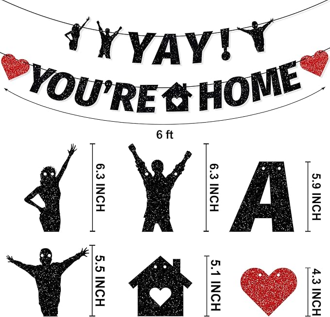 Pre-Strung Yay! You’re Home Banner, NO DIY Glitter Welcome Home Decorations for Military Army Returning Homecoming Party, Black