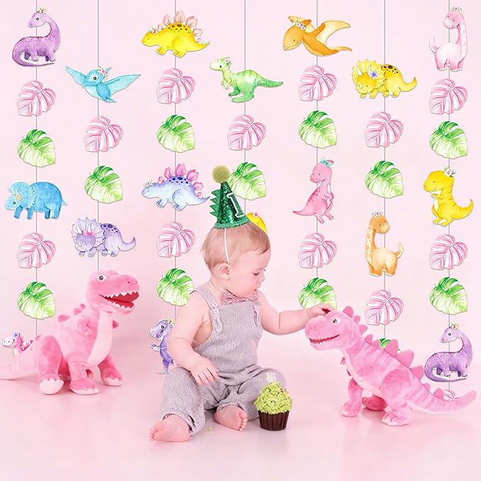 8pcs Dinosaur Theme Party Hanging Garlands Pink Dinosaur Birthday Party Ceiling Garland Decorations for Girls Dino Theme Birthday Baby Shower Supplies