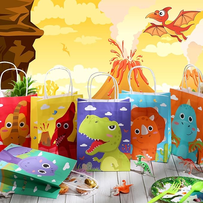 Pajean 24 Pcs Dinosaur Candy Bags with Handle, Dinosaur Party Favor Paper Bags Kids Gifts Goodie Treat Wrapping for Boys Girls Dino Theme Birthday Baby Shower Party Supplies(Cartoon Style)