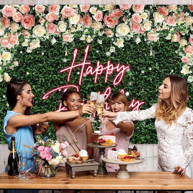 Sensfun Green Leaves Happy Birthday Backdrop for Women Greenery Grass Pink Neon Flower Wall Birthday Party Decorations Girls Rose Floral Blossom Bday Photography Background Photo Studio Shoot 8x6ft