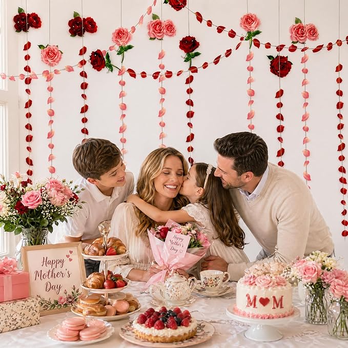 Cheerland Red Pink Rose Garland Flower Roses Petal Streamers Paper Love Banner for Floral Romantic Wedding Engagement Anniversary Bridal Shower Birthday Hanging Mothers Day Party Decorations 12pcs