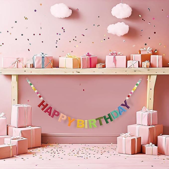 Pre-Strung 3D Felt Happy Birthday Banner - Reusable Rainbow Happy birthday Decorations Sign,Handmade Wool Felt Ball Garland, Pom Pom Garland, Personalized Holiday Sign, Party Decor, Photo Prop