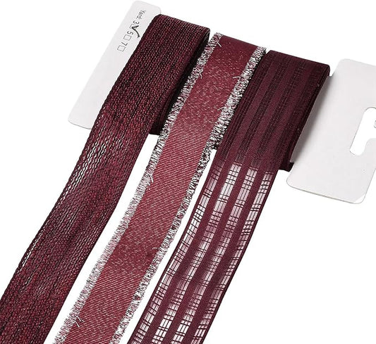 BEEFLYING 3 Styles 9 Yard Dark Red Wire Edged Ribbons Wrapping Decoration 25~28mm×2.7m Organza Ribbon Satin Ribbon for Wedding Party Deco Hair Bows Flower Designs Sewing and Craft