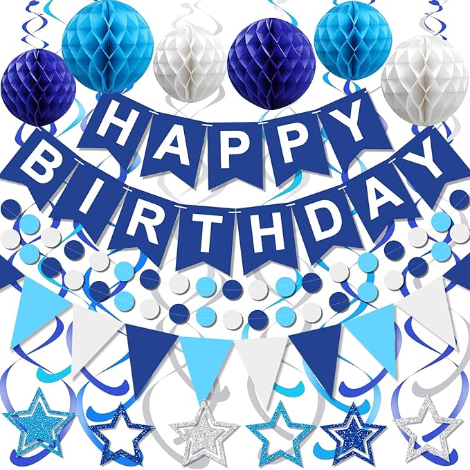 Pre-Strung Blue Happy Birthday Decorations, Happy Birthday Banner with Honeycomb Balls, Stars Hanging Swirl Streamers, Dots Garland, Party Decorations for Men Boys Women Girls