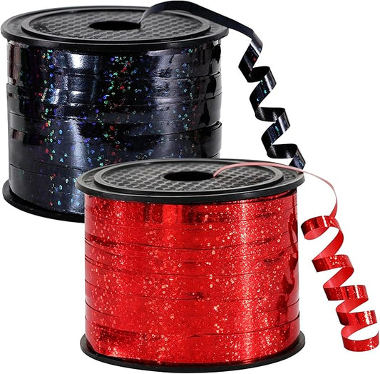 BEISHIDA 2 Pack 100 Yards Red Black Curling Crimped Glitter Ribbon Balloon String Shiny Metallic for Gift Wrapping Ribbon 2026 Graduation New Year Eve Halloween Birthday Party Decor
