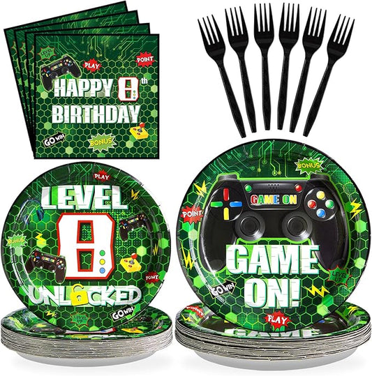 Grencian 96Pcs Video Game 8th Birthday Decorations for Boys Green Level 8 Paper Plates and Napkins Disposable 8 Years Old Game Tableware Set for Boy Gamer Gaming Party Supplies Serves 24