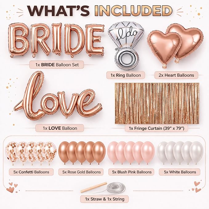 Rose Gold Bridal Shower Decorations Kit (32 PCS) for Bride to Be – BRIDE and Love Balloons, I Do Ring, Heart Balloons, Confetti & Latex Balloons, Backdrop Curtain for Bridal & Bachelorette Party