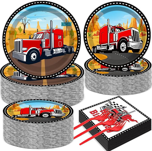 gisgfim 50 Guests Semi Truck Party Decorations Semi Truck Plates and Napkins Party Decoration For Birthday Party Plates Tableware Set Tractor Trailer Theme Party Paper Plates Napkins Forks 200 PCS