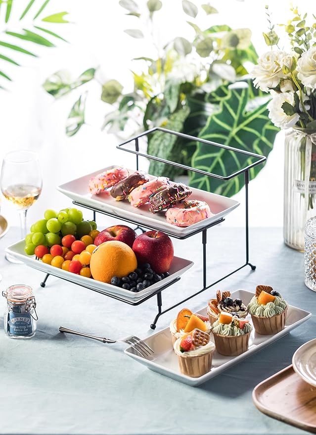LYEOBOH Tiered Serving Stand and Platters Set, Large Tiered Tray Stand, 3 Tier Serving Tray with Collapsible Sturdier Rack, 12 Inches Tier Serving Platter for Party, Display, Dessert, and Cupcake