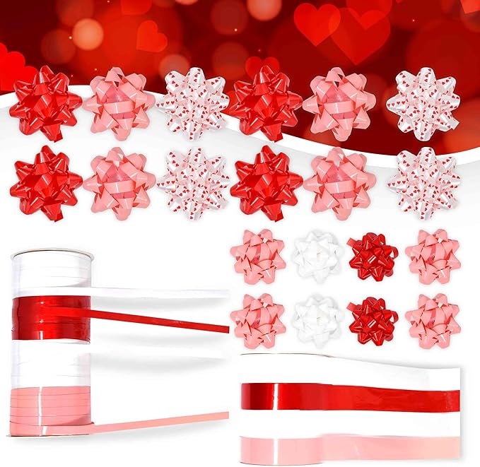 Valentine Gift Wrap Bows and Curling Ribbon Set, Red Pink and White Decorative Self Adhesive Bows with Heart Print Ribbon for Gift Wrapping, Packaging and Valentine’s Day