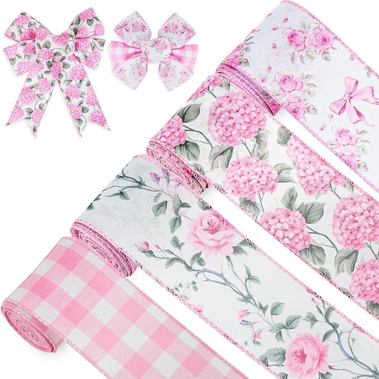4 Rolls Pink Floral Wired Ribbon Set - 2.5 Inch Wide, 20 Yards Total – Rose Patterned Pink and White Vintage Satin Ribbon for Crafts, Spring, and Floral Decor