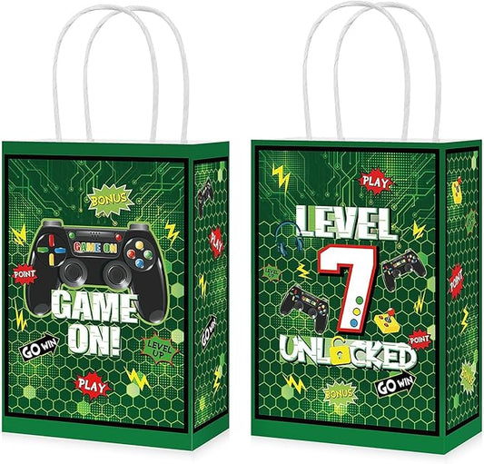 Grencian 16 PCS Video Game 7th Birthday Party Favor Bags Green Video Game Candy Treat Gift Goodie Bags with Handles Level 7 Birthday Decorations for Boys Kids 7 Year Old Video Gamer Party Decorations