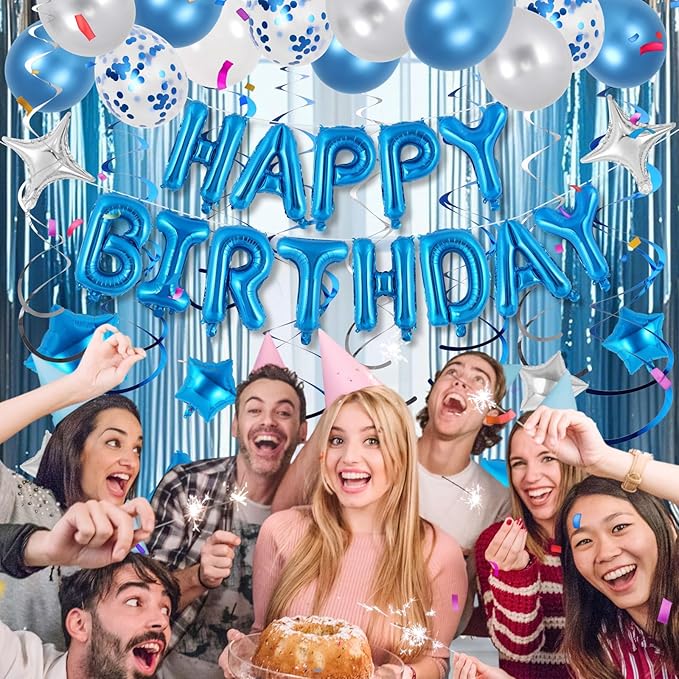55 Pcs Happy Birthday Balloons Letters Banner with 35 Pcs Star Foil Balloon, 20 Pcs Latex Balloons, 6 Hanging Swirls for Women Men Boys Girls Birthday Party Decorations Set ﻿ (Blue)