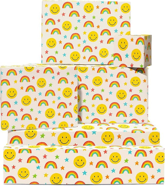 CENTRAL 23 Rainbow Wrapping Paper - 6 Sheets Colorful Gift Wrap For Kids Boys Girls Friends - Birthday Christmas Party - Fun Happy Face Smiley Stars Pastel - Comes With Tags