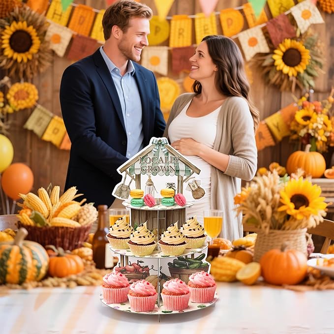 Locally Grown Baby Shower Cupcake Stand - 3 Tier Farmers Market Theme Cupcake Holder Vegetable Fruit Garden Baby Shower Dessert Cake Tower Displays for Kids Birthday Gender Reveal Party Decor