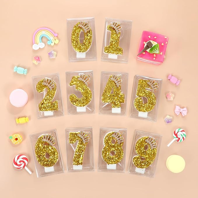 Gold Birthday Candle Crown Number 0 Candle with Sequins Cake Candles Cupcake Decorations Party Decor for Anniversary Celebrations Supplies