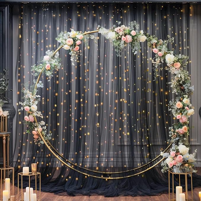 10x8ft Black Tulle Backdrop Curtain with Lights String for Parites, Sheer Photo Backdrop Curtains for Wedding Baby Shower Birthday Party Photo Shoot Decorations