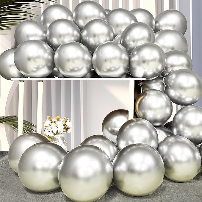 Firomi Metallic Silver Balloons 12-inch 100 Pack Helium Shiny Chrome Silver Thicken Latex Balloon for Wedding Birthday Party Party Balloons (with 3 Ribbons)