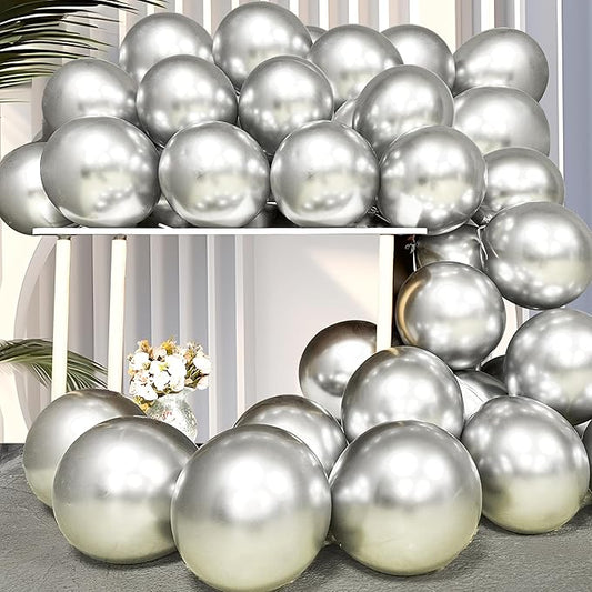Firomi Metallic Silver Balloons 12-inch 100 Pack Helium Shiny Chrome Silver Thicken Latex Balloon for Wedding Birthday Party Party Balloons (with 3 Ribbons)