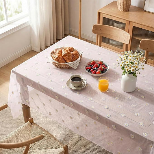 Horaldaily Pink Embroidery Daisy Spring Summer Gauze Tablecloth 60×104 Inch Rectangular, Seasonal Tulle Table Cover, Garden Party Decorations for Wedding, Party, Holiday Dining