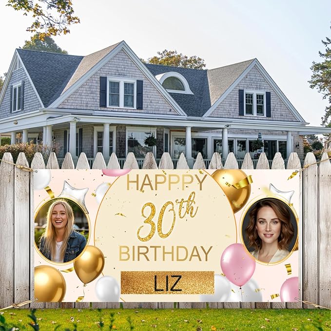 Custom Birthday Banners Personalized with Pictures and Name, Happy Birthday Backdrop Decorations for Husband Him Men, Celebration Banner for Unique Party Event