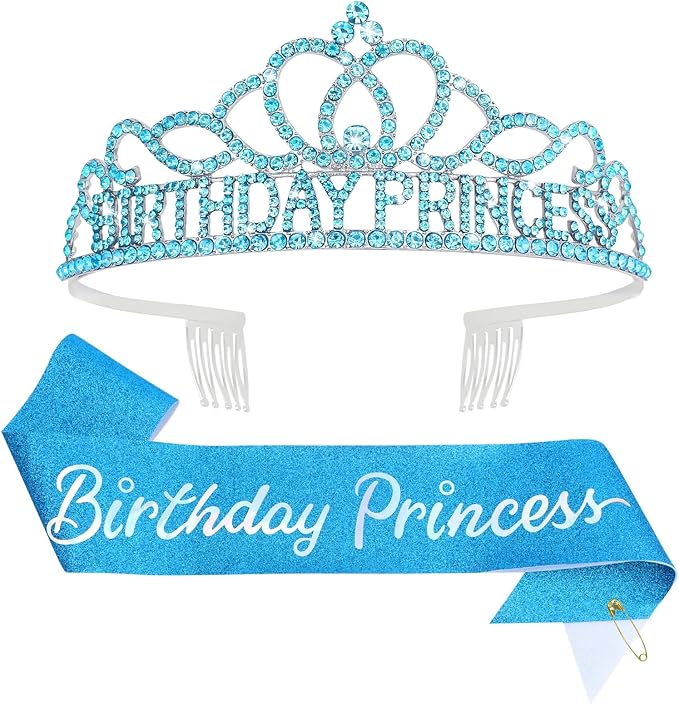 CAVETEE Princess Crowns and Sashes for Girls & Women - Birthday Party Decorations Set