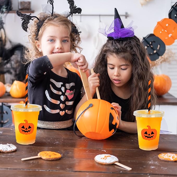 Whaline 50 Pcs Halloween Disposable Plastic Cups with Lids and Straws Orange Spooky Pumpkin Face Cold Beverage Drinking Cups for Trick or Treat Birthday Party Supplies
