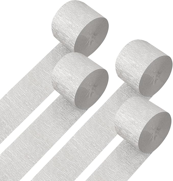4 Rolls Crepe Paper Silver Streamers – Perfect for Streamers Party Decorations, Wedding, Birthday, Colored Decor, and DIY Craft Supplies(1.8 Inch x 82 Ft/Roll)