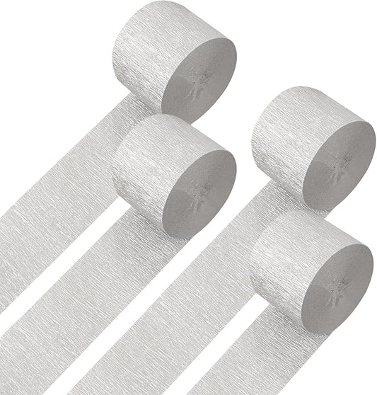 4 Rolls Crepe Paper Silver Streamers – Perfect for Streamers Party Decorations, Wedding, Birthday, Colored Decor, and DIY Craft Supplies(1.8 Inch x 82 Ft/Roll)