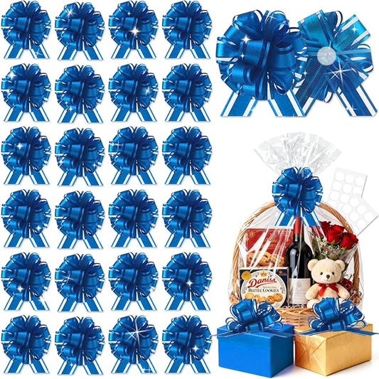 24pcs Royal Blue Pull Bow for Gift Basket Wrapping Xmas Gift Bows Presents Adhesive Wrap Ribbon Bow for Christmas Tree Ornament Wine Bottles Bouquet Flower Valentine's Day Party Decor (Dark Blue-G)