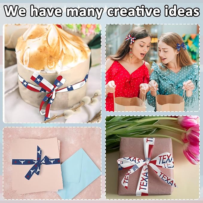 4 PCS Texas Ribbons for Crafting, 3/8" Width Red Blue Stripes Stars Ribbon TX Map Craft Ribbons for Gift Wrapping DIY Sports Birthday Decorations-10 Yards