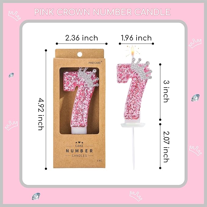 PHD CAKE Birthday Number Candles,Pink Crown Birthday Candles for Cake,Glitter Number 7 Candle Cake Topper with Sequins for Girls,Women, Anniversary Celebrations Supplies