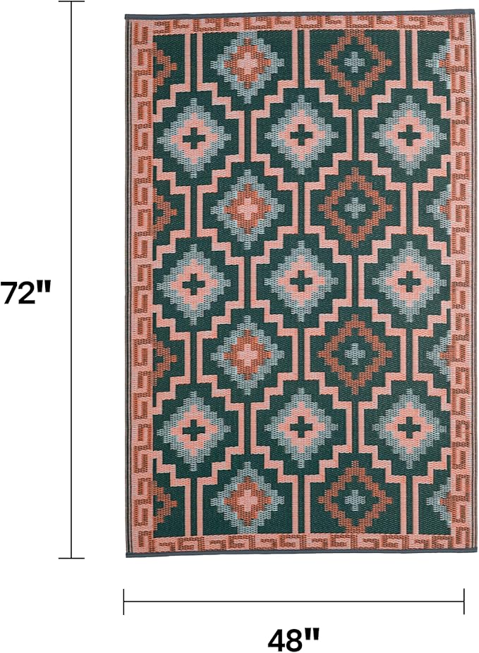 Fab Habitat Outdoor Rug - Waterproof, Fade Resistant, Crease-Free, Reversible - Premium Recycled Plastic - Vintage Boho Kilim - Patio, Deck, Porch, Balcony, Laundry Room - Lhasa - Green - 4 x 6 ft