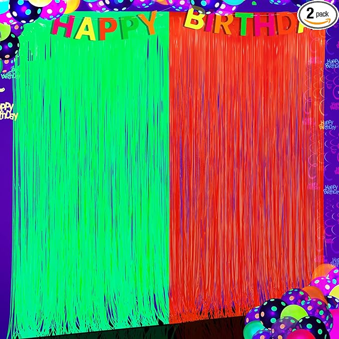 Glow in The Dark Party Supplies 2 Pack Neon Party Decorations Fluorescent Tinsel Foil Fringe Curtains Photo Booth Prop Backdrop Streamer Blacklight Decorations (Neon Green+Neon Orange)