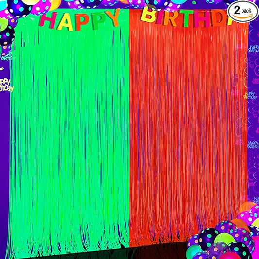 Glow in The Dark Party Supplies 2 Pack Neon Party Decorations Fluorescent Tinsel Foil Fringe Curtains Photo Booth Prop Backdrop Streamer Blacklight Decorations (Neon Green+Neon Orange)