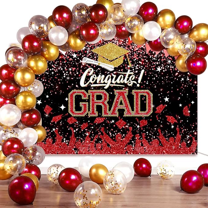 Mocsicka Graduation Party Decorations 2026 Congrats Grad Backdrops for Photography Bachelor Cap Congratulations Grad Photo Backdrop Graduation Prom Party Supplie (Red, 10x8ft(120x96 inch))
