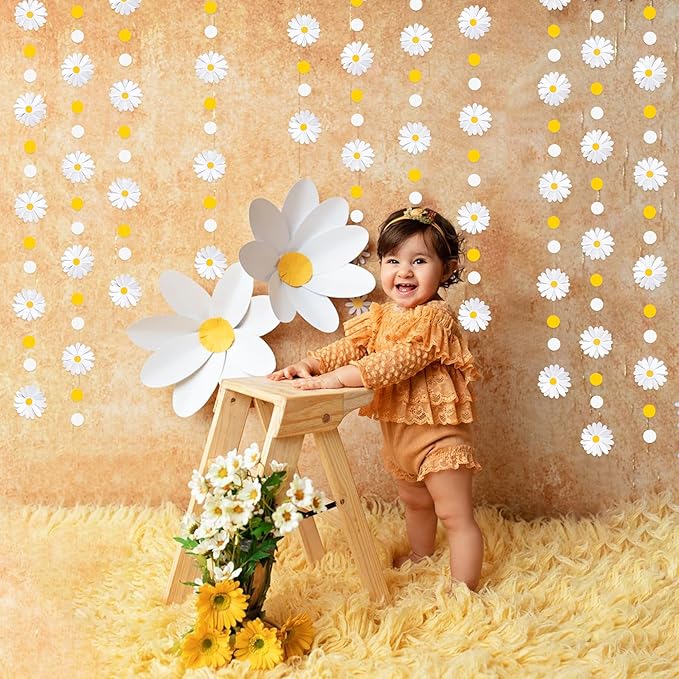 Daisy Party Decorations Yellow White Daisy Polka Dot Garland Double-Sided Daisy 3D Flower Streamer for Spring Summer Birthday Baby Shower Wedding Bridal Shower Retro Groovy Hippie Decorations Supplies
