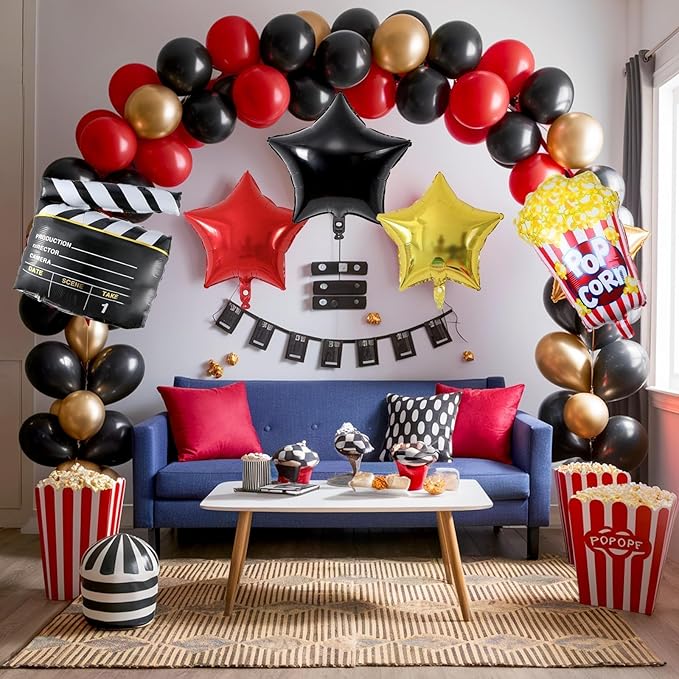 Movie Night Balloon Garland Arch Kit, Red Black Gold Balloons with Camera Star Foil Popcorn Flim Clapperboard Balloons for Birthdays Anniversaries Movie Theater Film Party Decorations