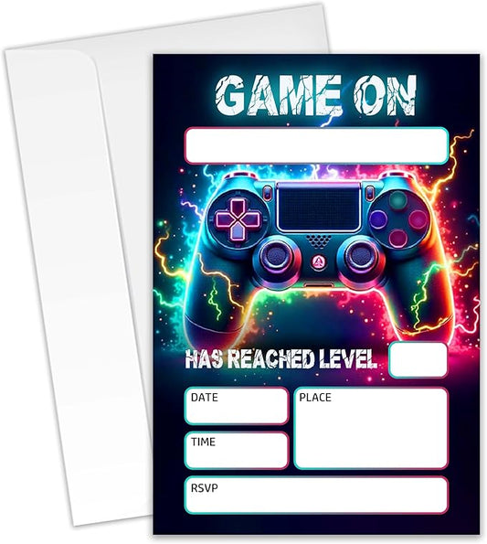 Gaming Themed Birthday Invitations – 20 Invitation Cards 4"x6" with Envelopes.(009)