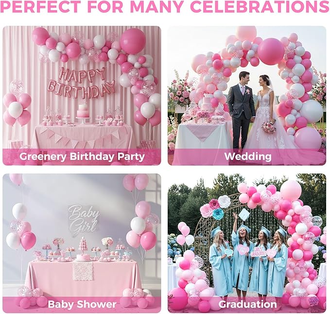 LovesTown 150 PCS Pink White Balloons Different Size of 18 12 10 5 Inch, Pink Confetti Balloons with Ribbons for Birthday Bridal Shower Wedding Gender Reavel Bachelorette Princess Party Decoration