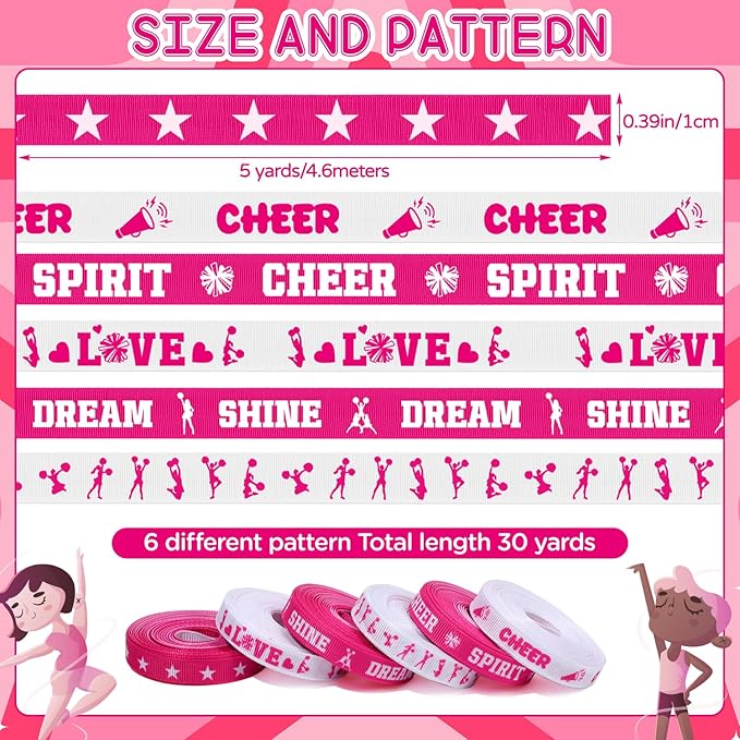 6 Rolls Cheer Ribbon Set, 3/8 Inch x 5 Yard Sports Cheerleading Ribbons, Pink and White Grosgrain Ribbons for Gift Wrapping, Crafting Sewing, Hair Bow Cheerleader Accessories