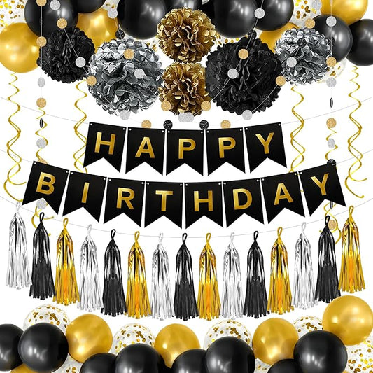KatchOn, Black and Gold Birthday Decorations Set - Huge, Pack of 61 | Black and Gold Happy Birthday Banner, Latex Balloon Garland Kit, Confetti Balloons | Tassel Fringe, Pom Pom, Garland for birthday