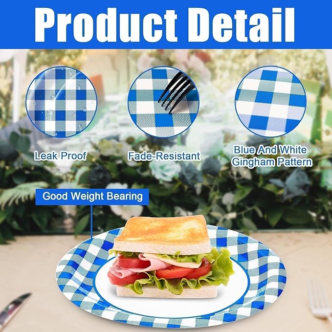 Blue Gingham Oval Paper Plates 10" x 12",Large Disposable Heavy Duty Paper Plates Blue and White Buffalo Checked Plaid for Birthday Wedding Bridal Baby Shower Tea Party Supplies,50 Guests