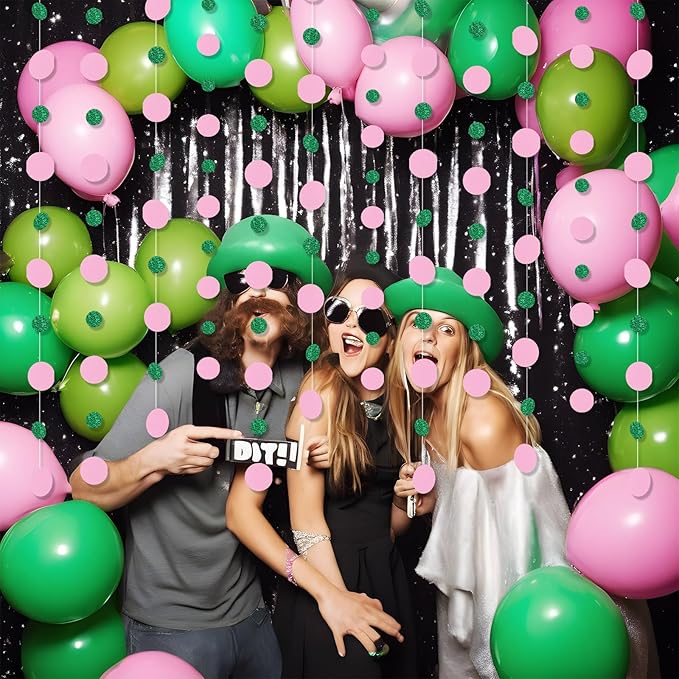 Outus 5 Pieces Pink,Green Round Dots Garland Graduation Party Hanging Decor Each Length 13.1ft Glitter Paper Dot Streamers for Birthday Wedding Classroom Supplies