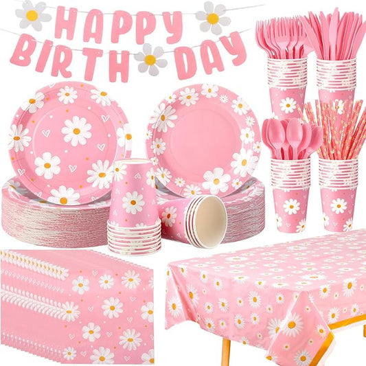 Sawysine 202 Pcs Daisy Happy Birthday Party Supplies Set Include Groovy Daisy Plates Cups Napkins Plastic Tableware Straw Banner Tablecloth for Girl Boho Hippie Party Baby Shower Supplies, Serves 25