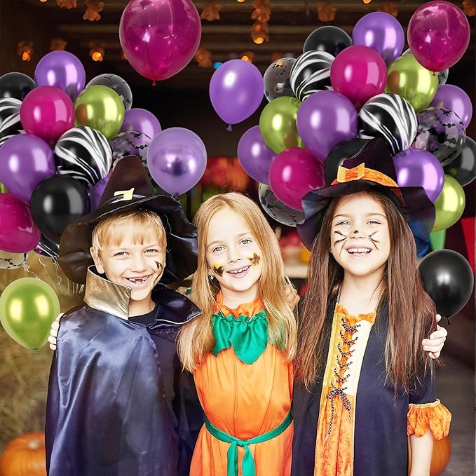 Paready Black Purple Pink Halloween Balloons, 60 Pcs Hot Pink Black Green Party Balloons, Metallic Green Purple Balloon Bat Printed Agate Balloon for Halloween Birthday Home Garden Party Decoration