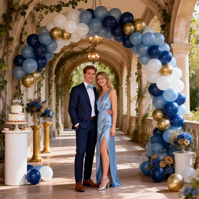 Retro Navy Blue Gold and White Balloons, 12inch Pastel Dark Light Blue White Latex Balloons with Metallic Chrome Gold Party Balloon for Boy Birthday Bridal Baby Shower Graduation Party Decorations